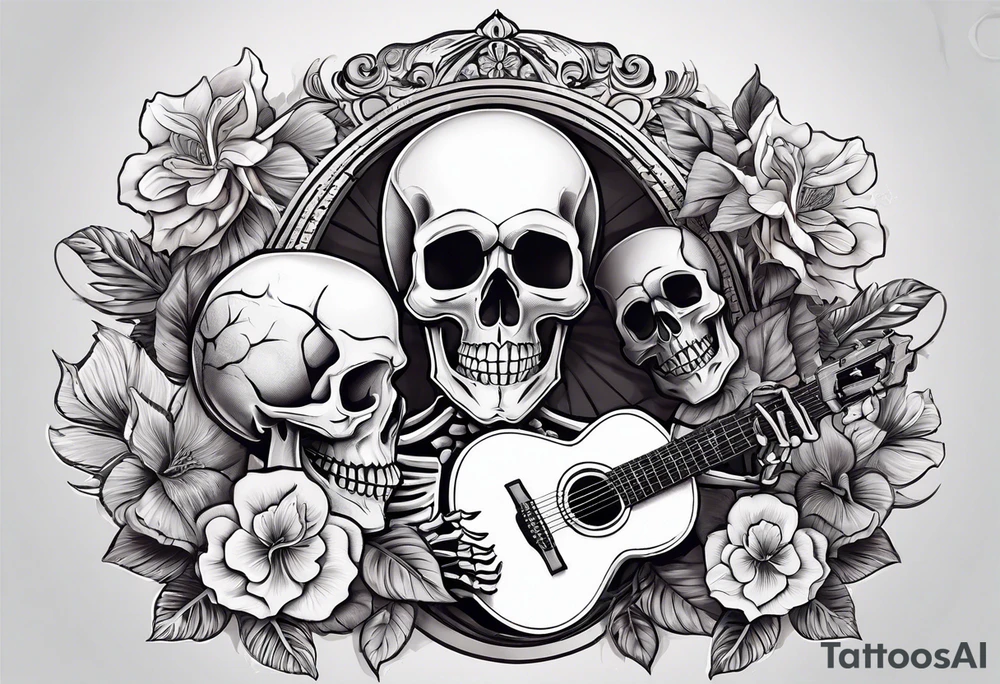 a male and a female skeleton. The male skeleton is playing the guitar. The female skeleton has a hibiscus flower. tattoo idea