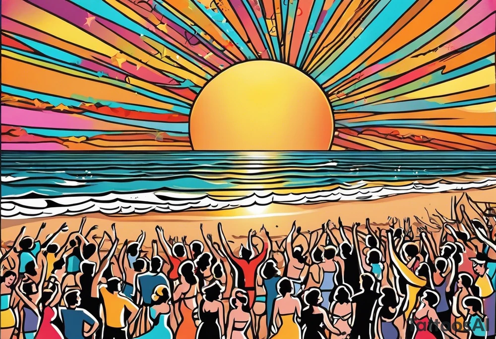 1950'S BEACH DANCE PARTY 
party, include confetti, music notes, 
, bikinis sunset in the center tattoo idea