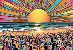1950'S BEACH DANCE PARTY 
party, include confetti, music notes, 
, bikinis sunset in the center tattoo idea