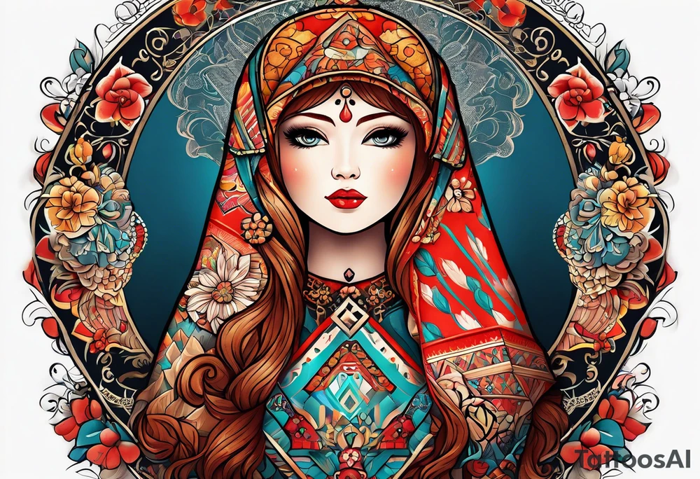 Russian doll with geometric design, surrounded by tapestry tattoo idea