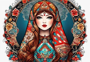 Russian doll with geometric design, surrounded by tapestry tattoo idea
