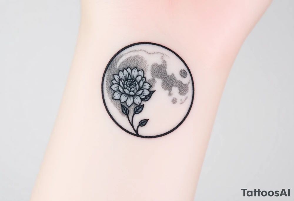 Small black and white tattoo full moon with small chrysanthemum and tiny scorpio gliph inside moon tattoo idea