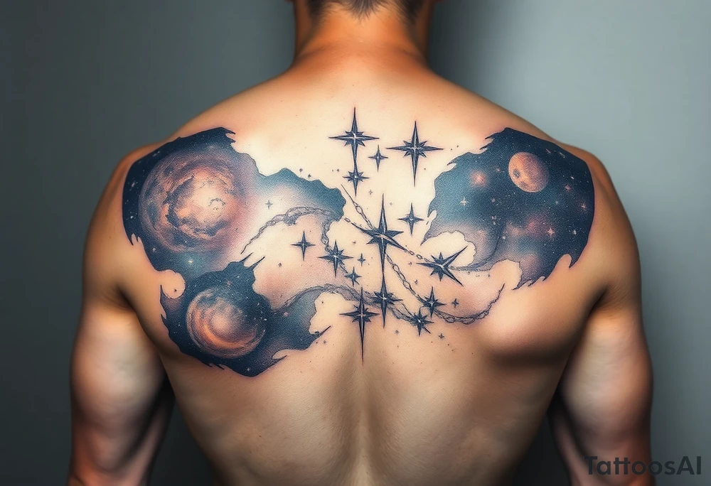 The galaxy using negative spaces with hints of color and stars tattoo idea
