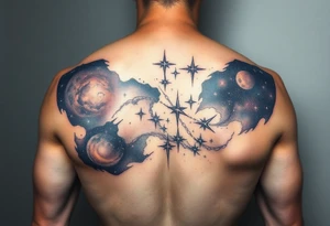 The galaxy using negative spaces with hints of color and stars tattoo idea
