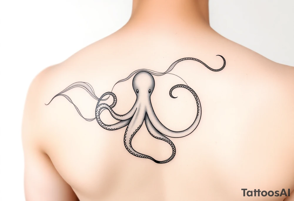 Delicate, abstract linework tattoo flowing, in a fine-line minimal style. The composition mimics ink or oil floating in water, with smooth organic curves and swirls. Hidden within the pattern is a subtle silhouette or suggestion of an octopus – its tentacles seamlessly integrated into the flowing design, almost like a mirage. The tattoo should have the feel of liquid movement, like gasoline on water, iridescent and ethereal, but rendered in clean black ink lines. Artistic and modern, feminine and elegant, non-literal. Inspired by contemporary abstract tattoo artists like Pis Saro and Balazs Bercsenyi.psychedelic dotwork sacred geometry sleeve tattoo idea