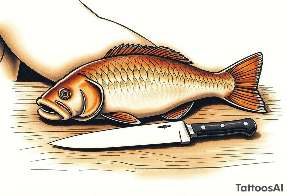 A carp resting on a wooden table with a sharp knife nearby, symbolizing the Czech Christmas tradition, in muted browns and soft golden tones. tattoo idea