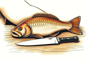 A carp resting on a wooden table with a sharp knife nearby, symbolizing the Czech Christmas tradition, in muted browns and soft golden tones. tattoo idea