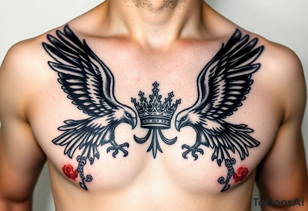 Chest tattoo,powerful two symetricalmajestic darks eagles, surrounded by lure ornaments , between eagles a crown tattoo idea