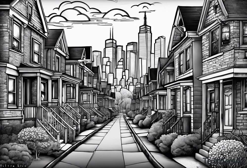 powerful bible verse, neighborhood in queens in background, half sleeve, tattoo idea