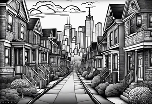 powerful bible verse, neighborhood in queens in background, half sleeve, tattoo idea