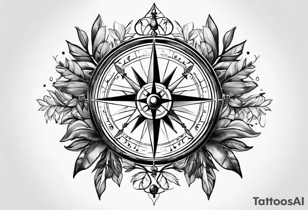 A cool compass with a narrow olive branch crown around it tattoo idea