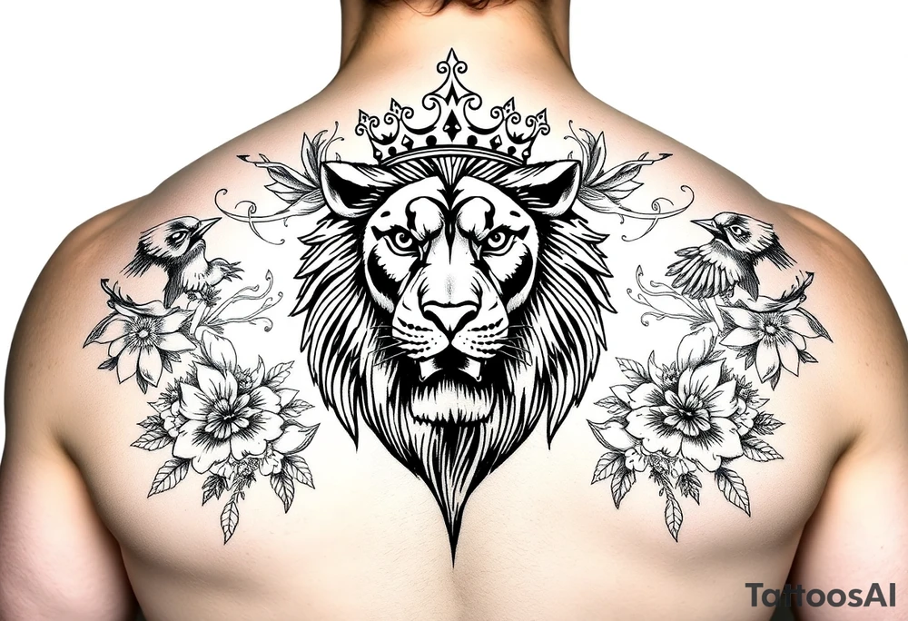 powerful majestic lion with a crown, surrounded by floral ornaments and birds tattoo idea
