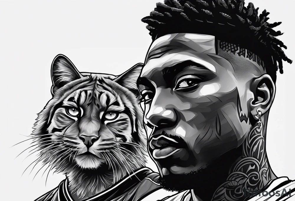 blue wildcat in football attire  morphing into jfootball game night half of the face is a black male school student tattoo idea