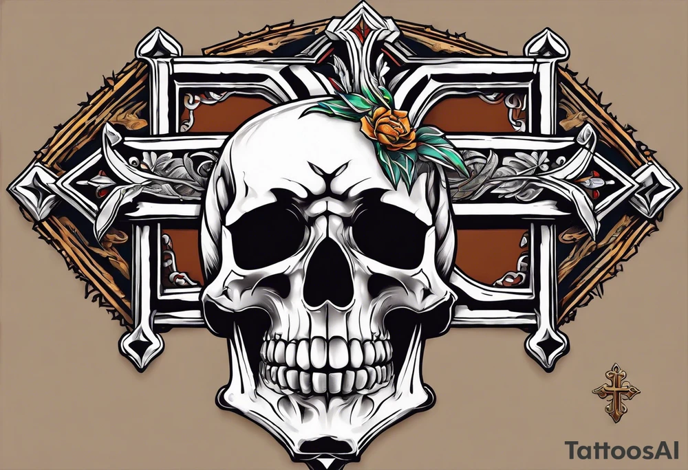 skeleton crawling towards a cross in a desert tattoo idea