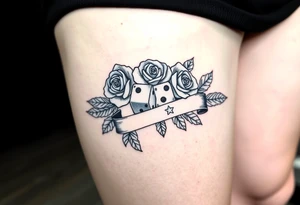 Roses cards dice leaves banner tattoo idea