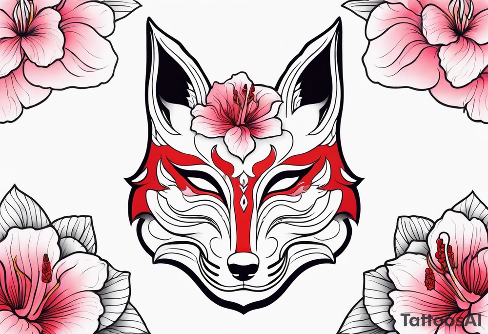 White japanese mask that looks like a kitsune with red accents and pink hibiscus flowers tattoo idea
