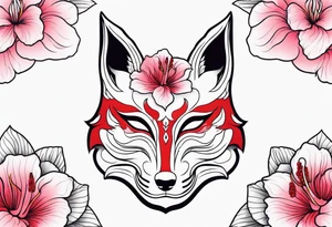 White japanese mask that looks like a kitsune with red accents and pink hibiscus flowers tattoo idea