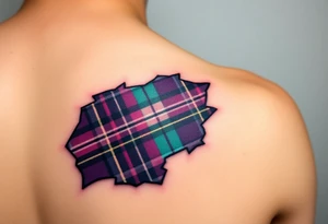 Tattoo on shoulder Dark Purple with green pink blue and white highlights tartan fabric 
with skin ripping away at edges tattoo idea
