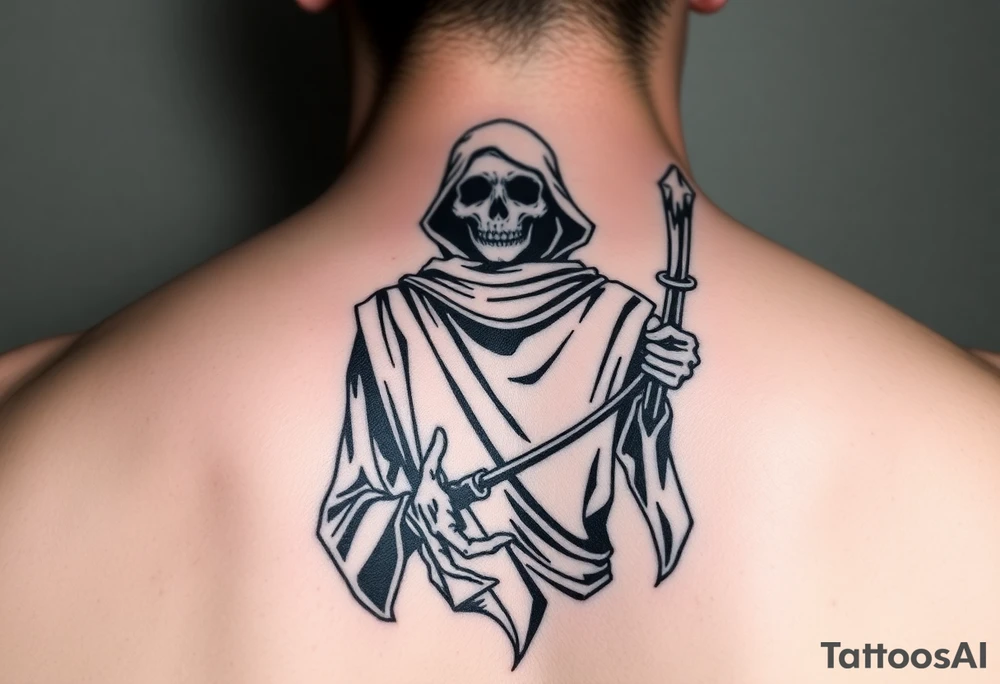 Simple grim reaper looking back holding his hand out to hold tattoo idea