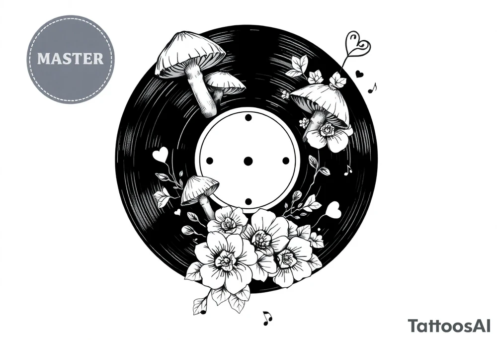 vinyl record with mushrooms, flowers, hearts, and music notes tattoo idea