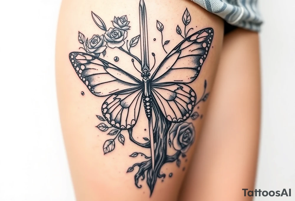 a thick long sword through a butterfly with huge roses with a big poisoned tree around it tattoo idea