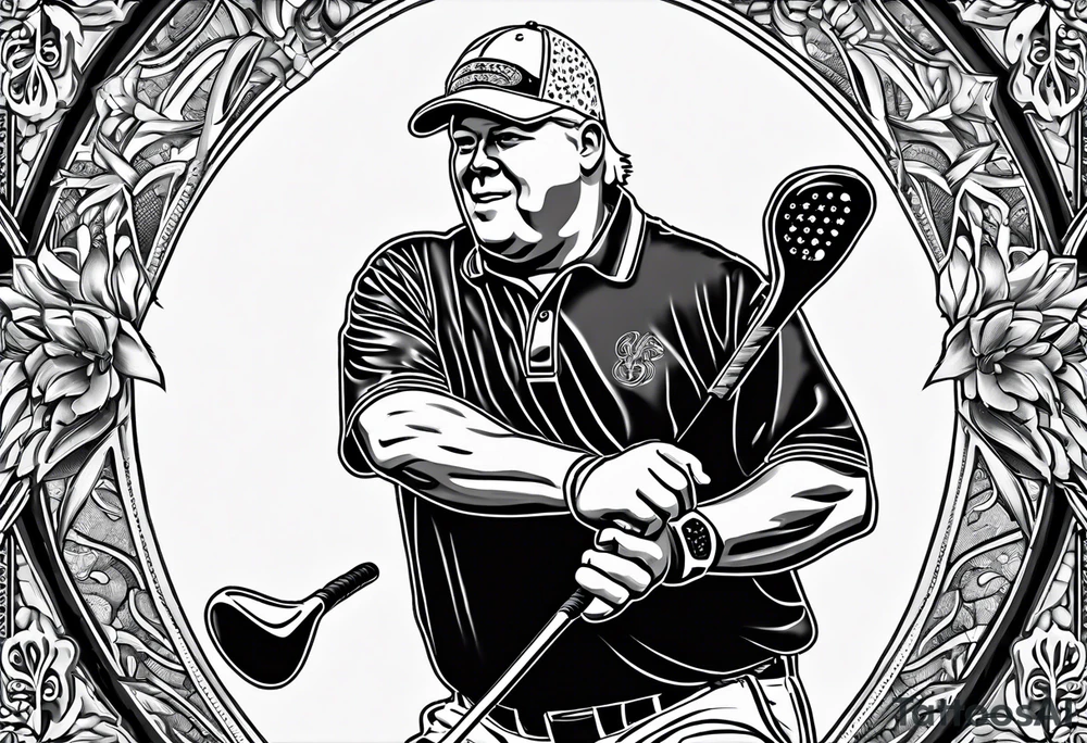 PGA Golfer John Daly wearing the Infinity Gauntlet on one hand and holding a putter on the other hand on the 18th hole of the Masters in Augusta, GA tattoo idea