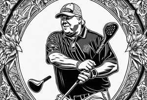 PGA Golfer John Daly wearing the Infinity Gauntlet on one hand and holding a putter on the other hand on the 18th hole of the Masters in Augusta, GA tattoo idea