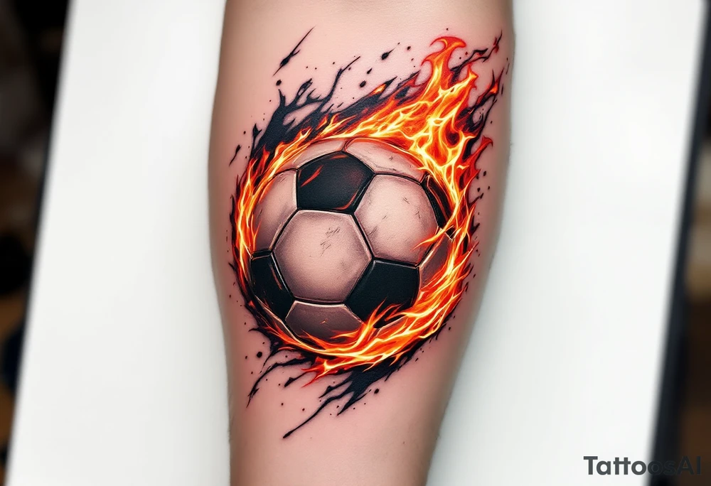 A hyper-realistic soccer ball on fire, shaded in deep reds, oranges, and black. tattoo idea