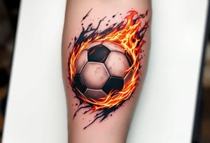 A hyper-realistic soccer ball on fire, shaded in deep reds, oranges, and black. tattoo idea