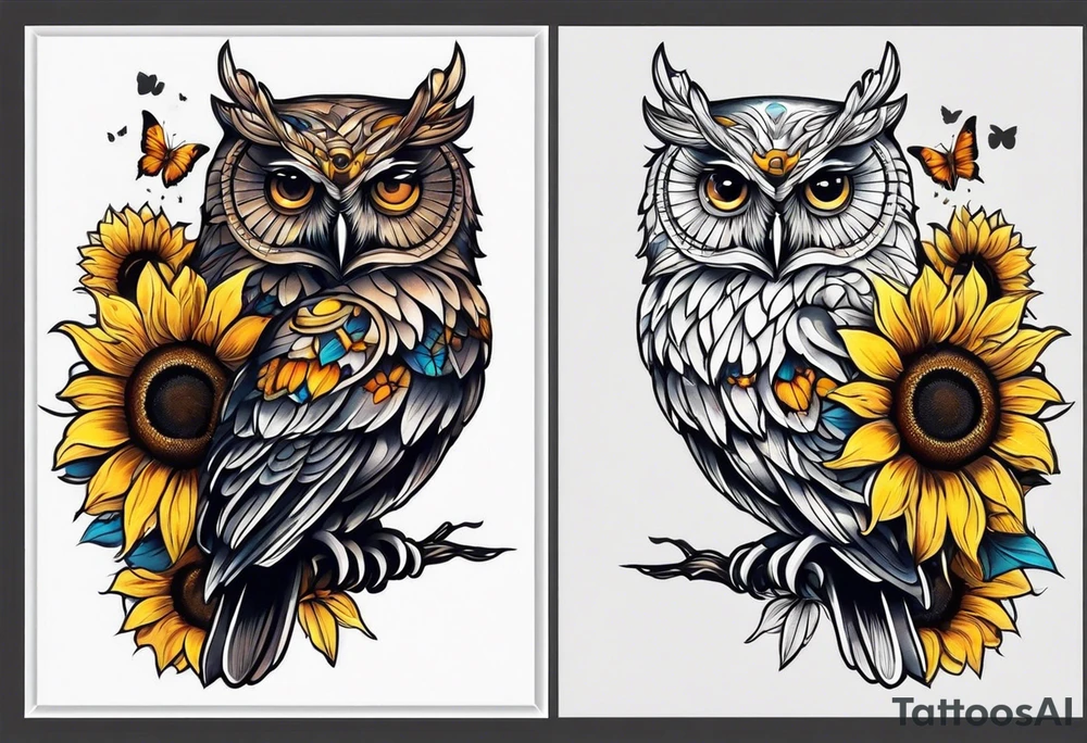 Small owl with sunflowers and butterflies arm sleeve tattoo idea