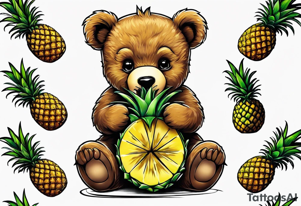 Teddy Bear biting pineapples tattoo idea