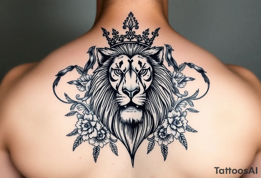 powerful majestic lion with a crown, surrounded by floral ornaments and birds tattoo idea