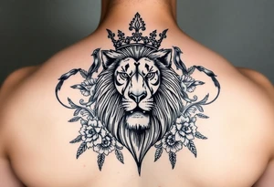 powerful majestic lion with a crown, surrounded by floral ornaments and birds tattoo idea