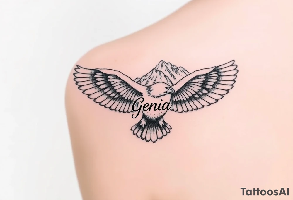majestic eagle spreading wings against mountain peaks with name Genia in it tattoo idea