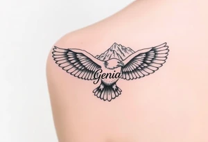 majestic eagle spreading wings against mountain peaks with name Genia in it tattoo idea