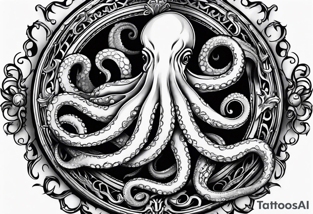 pocket watch being wrapped by an aggressive octopus tattoo idea