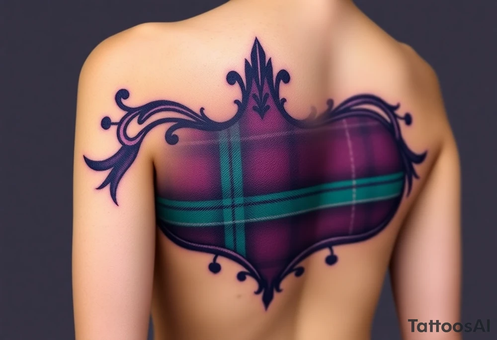 Breasts

Dark Purple with green pink blue and white highlights tartan fabric with skin around edges peeling and wrapping around side of shoulder tattoo idea