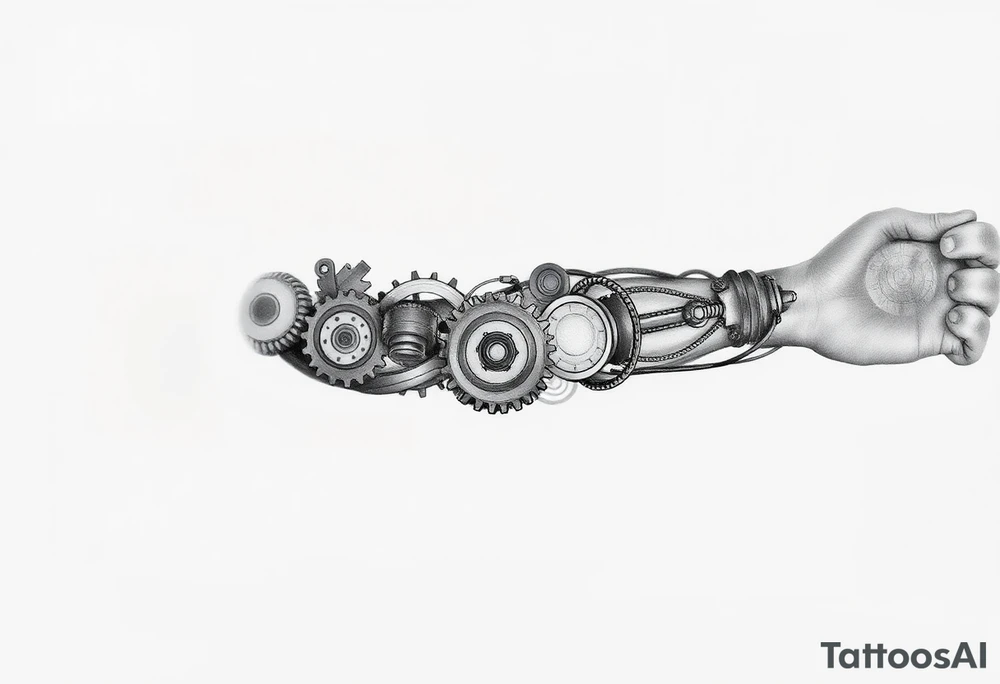 This biomechanical tattoo design creates the illusion of mechanical parts under the skin. It features gears, pistons, and wires, giving the arm a cybernetic look. Realistic shading enhances the fusion of flesh and machine tattoo idea