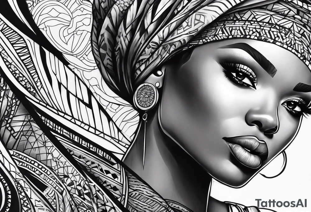african, women face, arm sleeve tattoo idea