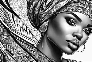 african, women face, arm sleeve tattoo idea