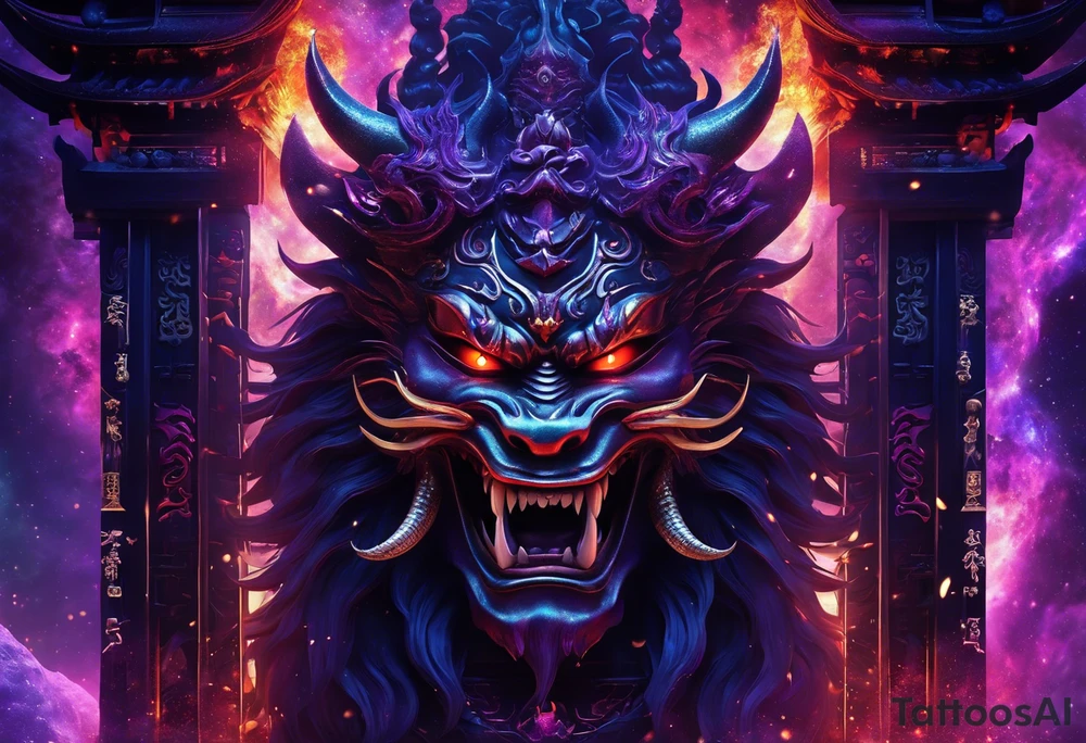 torii gate in biomechanical style in background.

Dominant demonic figure, formidable face with royal king features, has a evil grin and a bit of open mouth with glimpse of devil fang teeth, similar to skull features, framed by deep-set glowing galaxy eyes, head has prominent purple deep blue flames (Not standalone horns) with intricate recognizable swirling galaxy shaped textures with fiery peacock blue green turquoise colour highlights. 

face has peacock feather texture. face is 85%, gate is 15%. tattoo idea