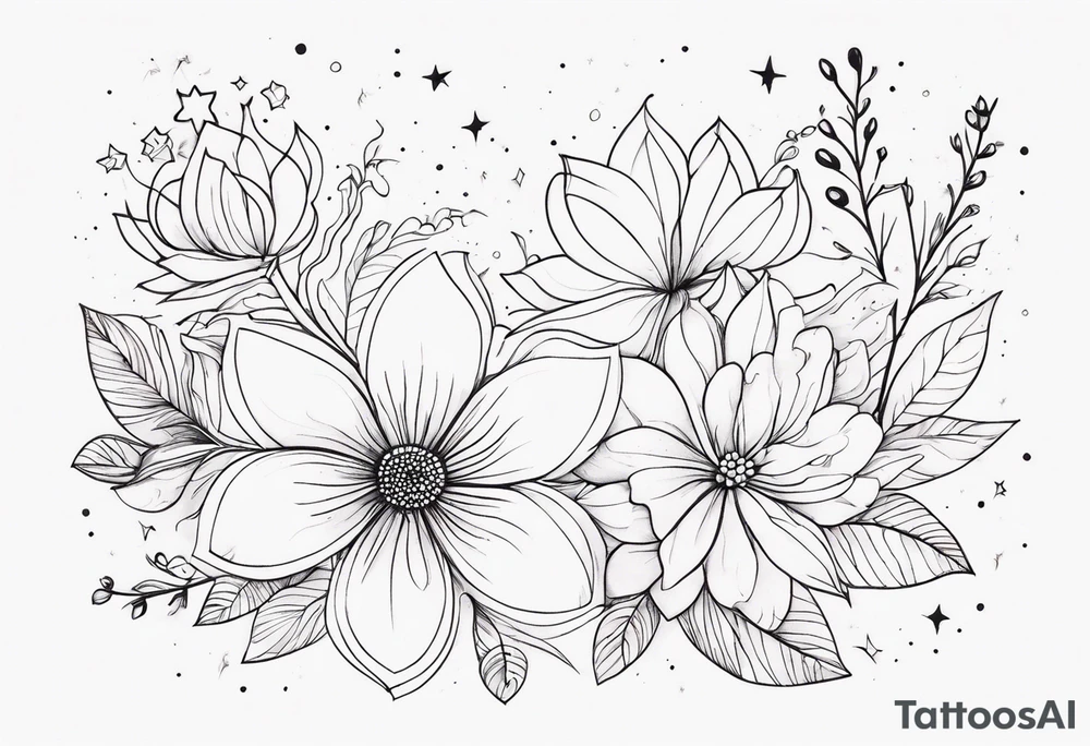 fine line floral with stars, swirls, dots tattoo idea