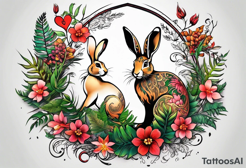 Base Design: upper armband

Include:
LOVE
fern spirals
boxing hare

use only UK flora and fauna tattoo idea