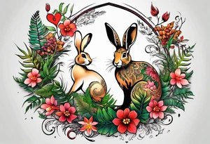 Base Design: upper armband

Include:
LOVE
fern spirals
boxing hare

use only UK flora and fauna tattoo idea