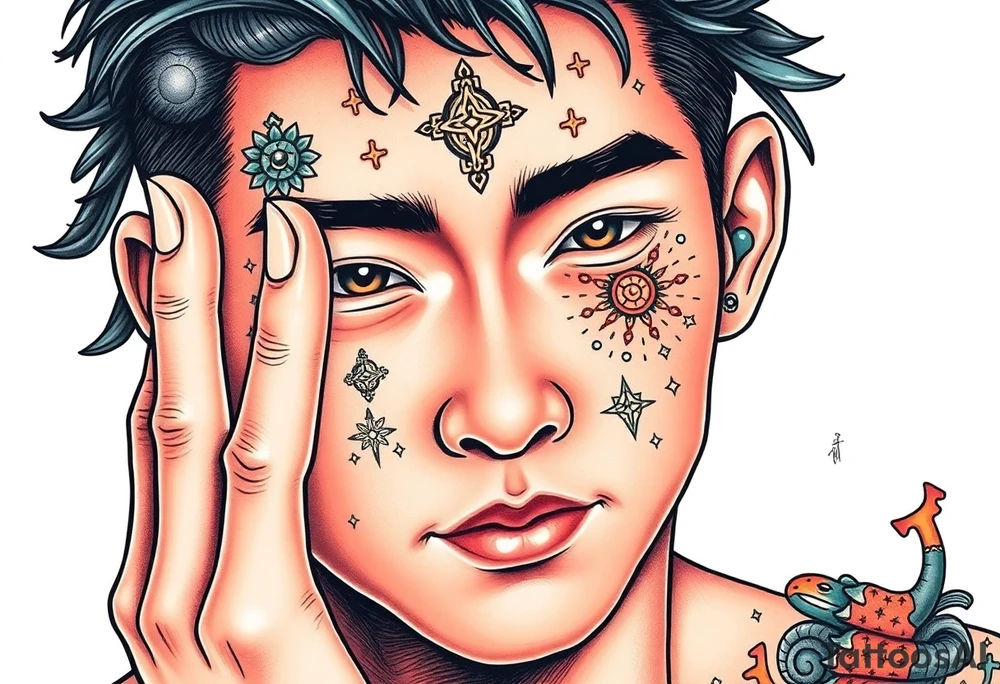 Handsome Asian young guy is putting ritual symbols on his face tattoo idea