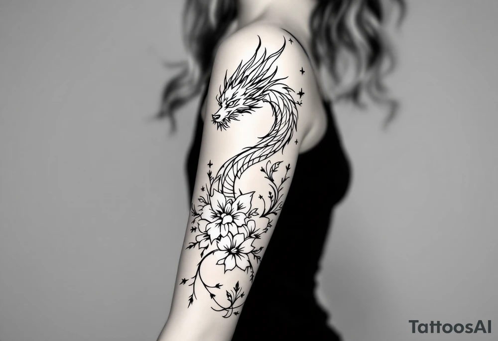 un dragon central entouré de fleurs de lys de style avec des ombrages dans un style assez fin tattoo idea