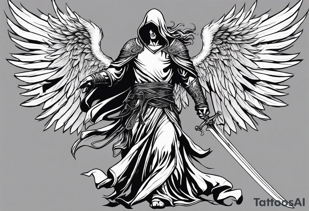 realistic angel of death, man, full body, no face visible, holding one sword, sword pointing downwards, both hands are holding the sword tattoo idea