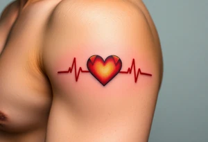 A heartbeat line forming a heart in the center, in glowing red and soft golden hues, symbolizing an unbreakable love tattoo idea