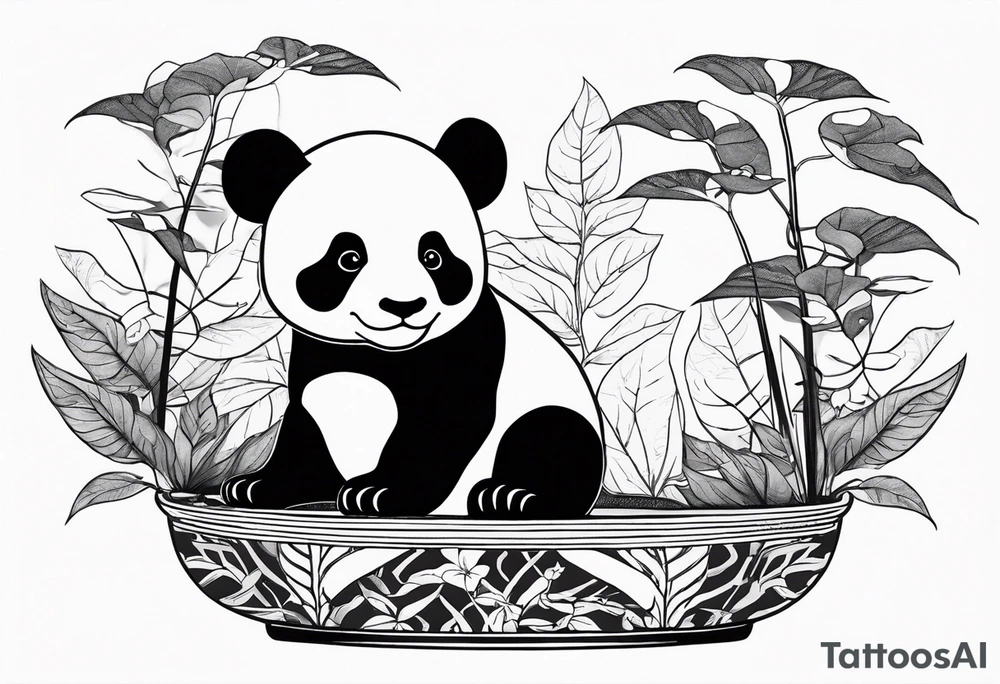 a bonsai pot with anthurium leaves and a statue of a baby panda sitting under the foliage tattoo idea