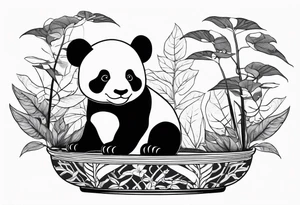 a bonsai pot with anthurium leaves and a statue of a baby panda sitting under the foliage tattoo idea